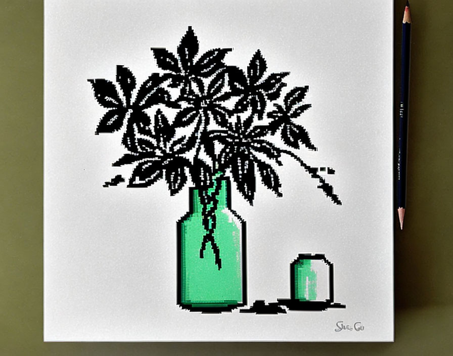 Pixel art plant in green bottle with pencil on paper