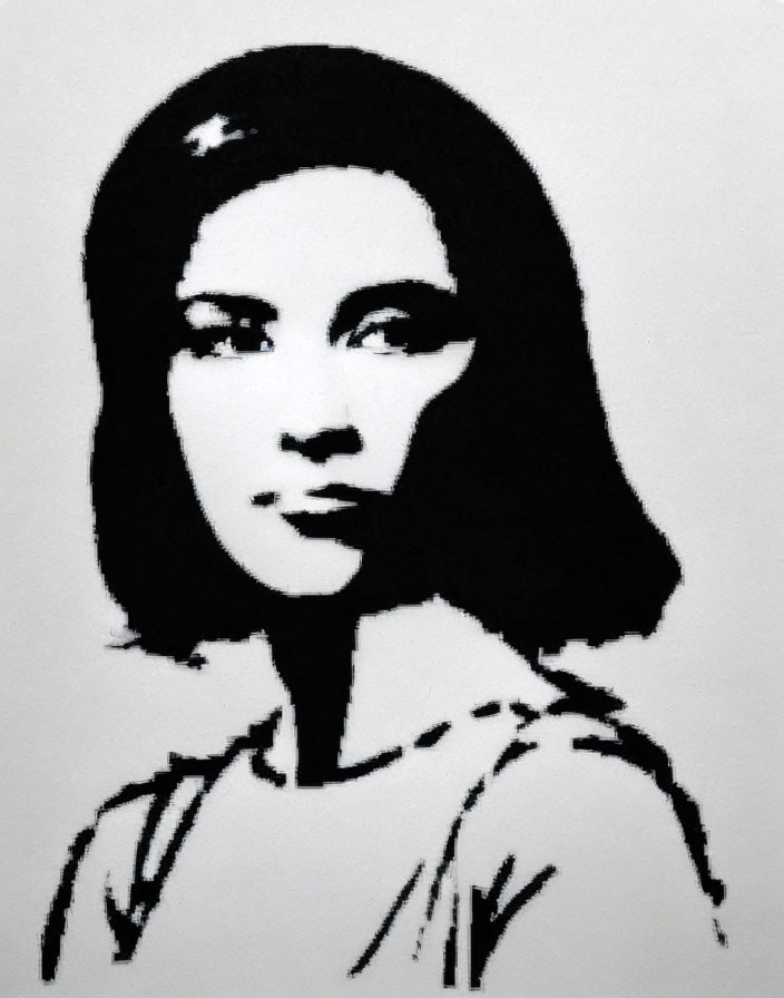 Monochrome stencil portrait of woman with short hair and star clip