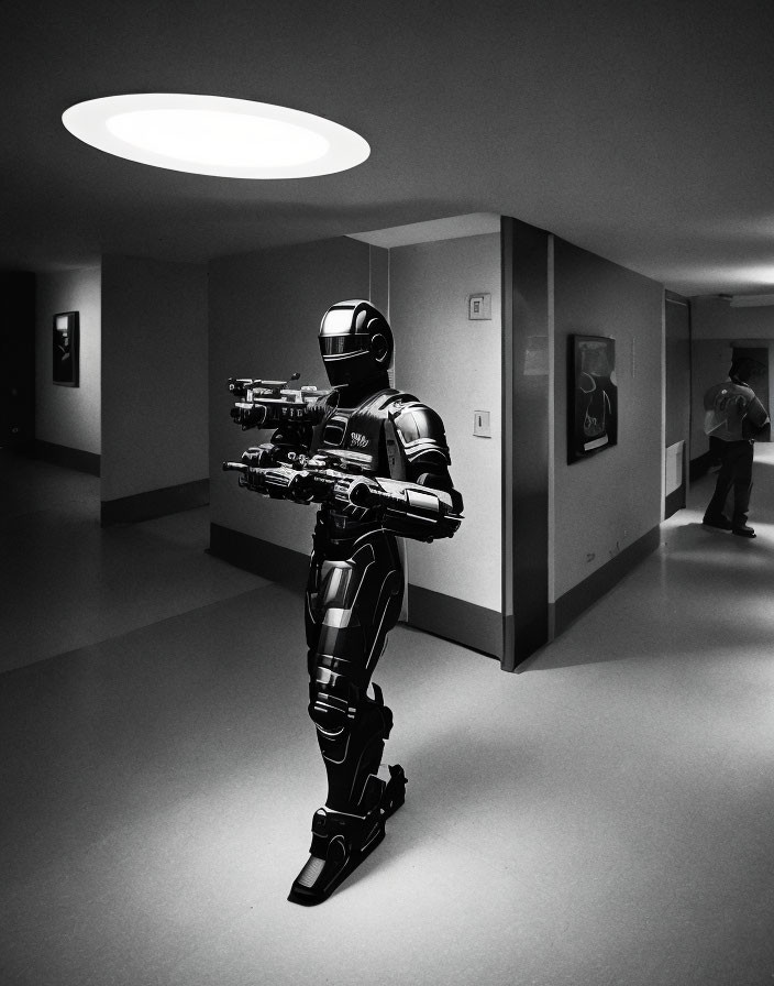 Futuristic robot with advanced rifle in dimly lit corridor