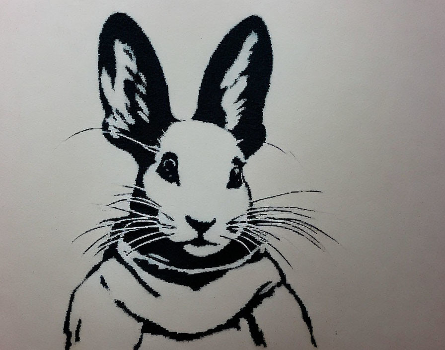 Monochrome stencil art: Rabbit with distinct ears and whiskers on light backdrop