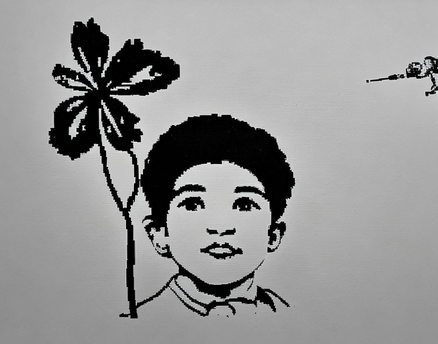 Monochrome pixel art of smiling boy with leaf and spacecraft