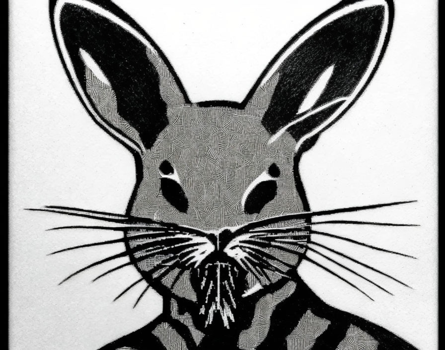 Monochrome stencil art: Rabbit with distinctive ears and whiskers on textured backdrop