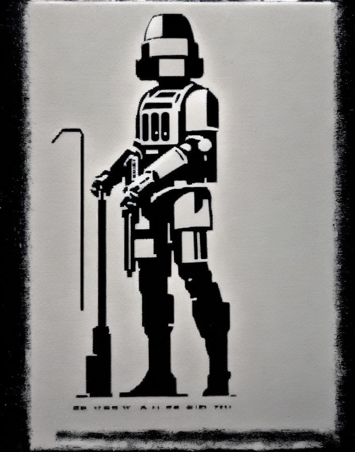 Stormtrooper stencil art with mop and "wet floor" sign depicts humorous contrast