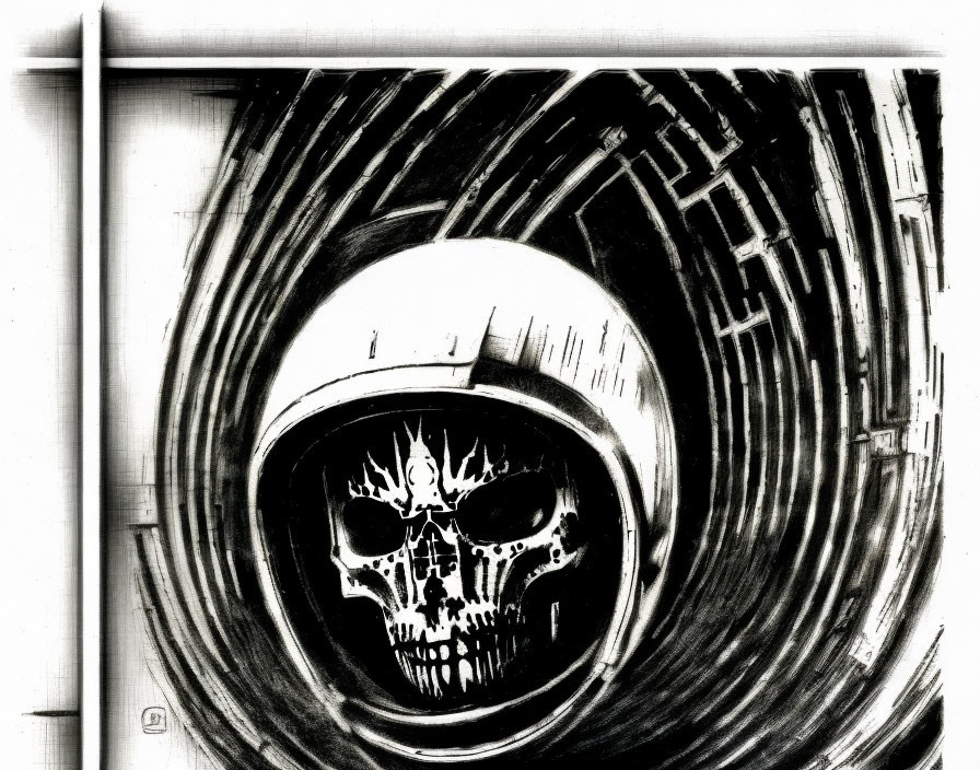 Monochrome sketch of skull-faced figure in helmet with abstract swirls