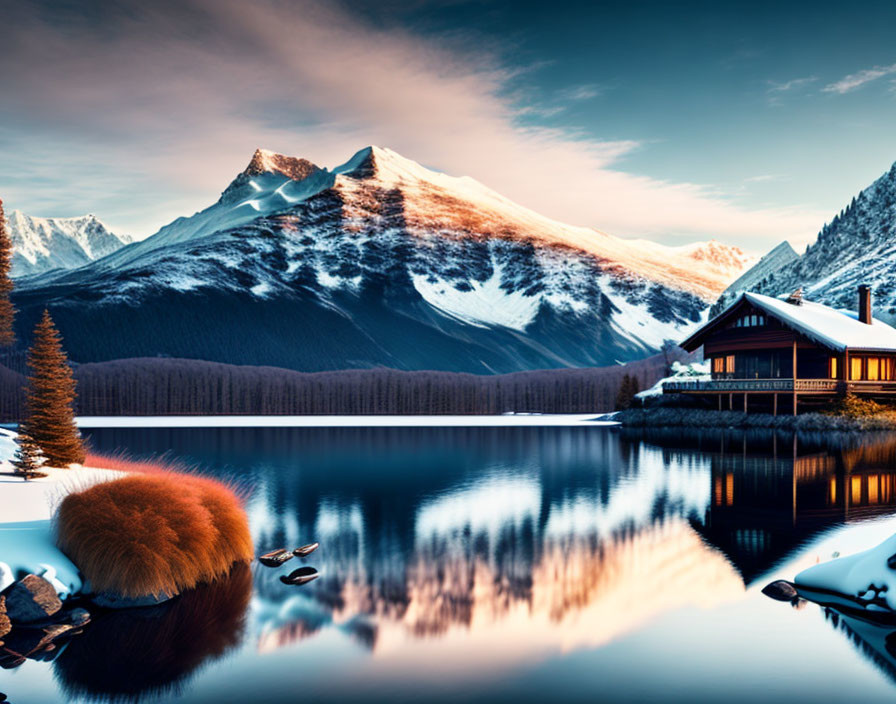 Snow-covered mountains and cabin by serene lakeside at sunset