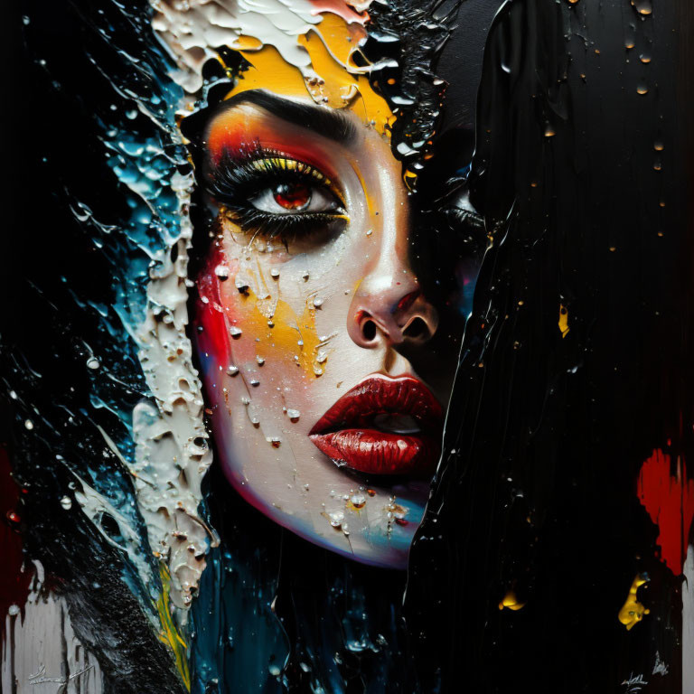 Hyper-realistic painting of a woman's face with dramatic makeup and melting colors.