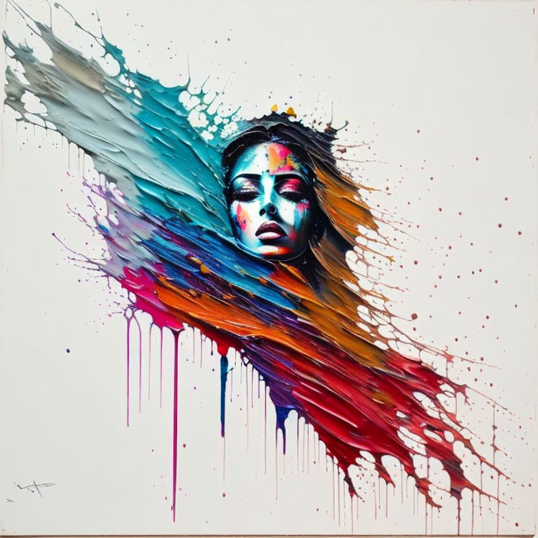 Colorful Abstract Painting of Woman's Face with Vibrant Paint Splashes