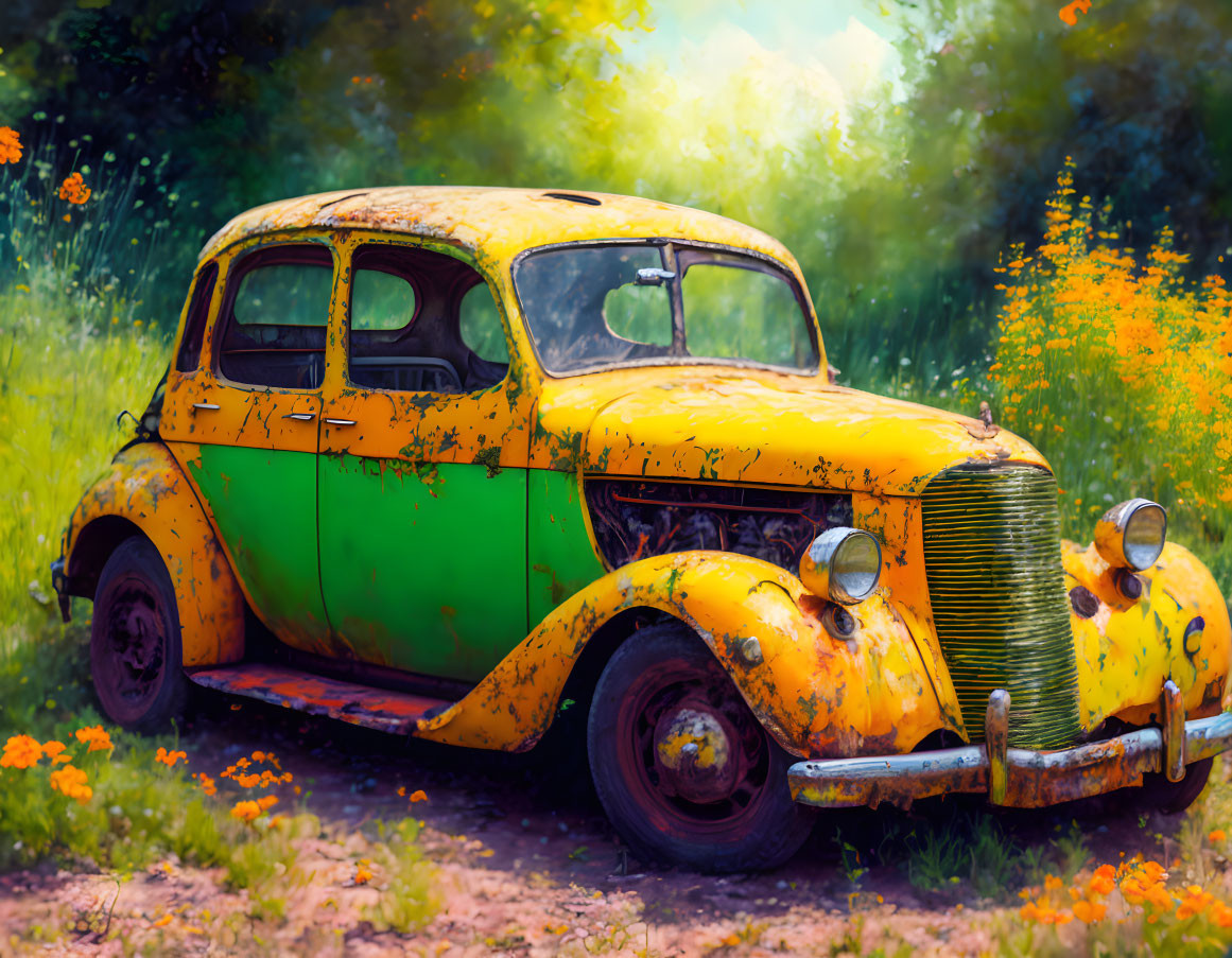 Vintage yellow and green car in rustic setting with wildflowers and greenery.