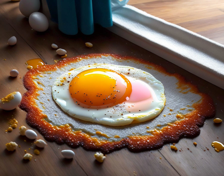 Bright yolk fried egg on wooden surface with scattered eggshells and pepper speckles