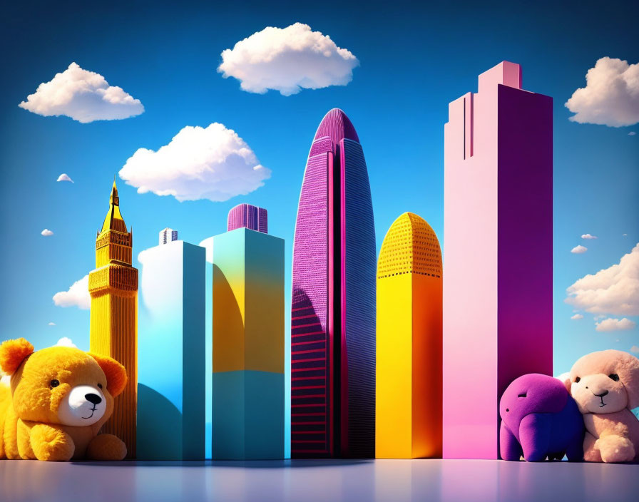 Vibrant cityscape with cartoon skyscrapers and plush teddy bears