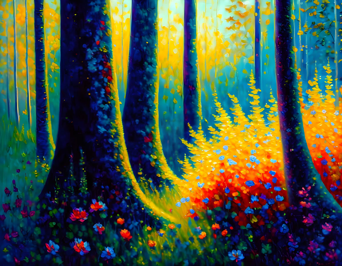 Sunlit Forest Painting with Vibrant Colors and Impressionistic Style