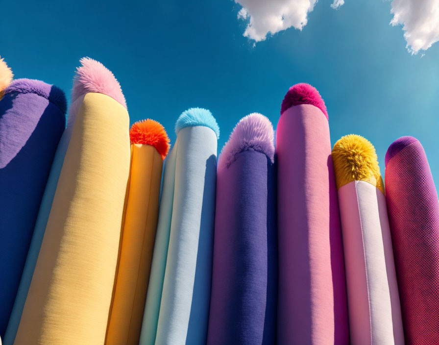 Vibrant oversized pencils with fluffy tops under blue sky