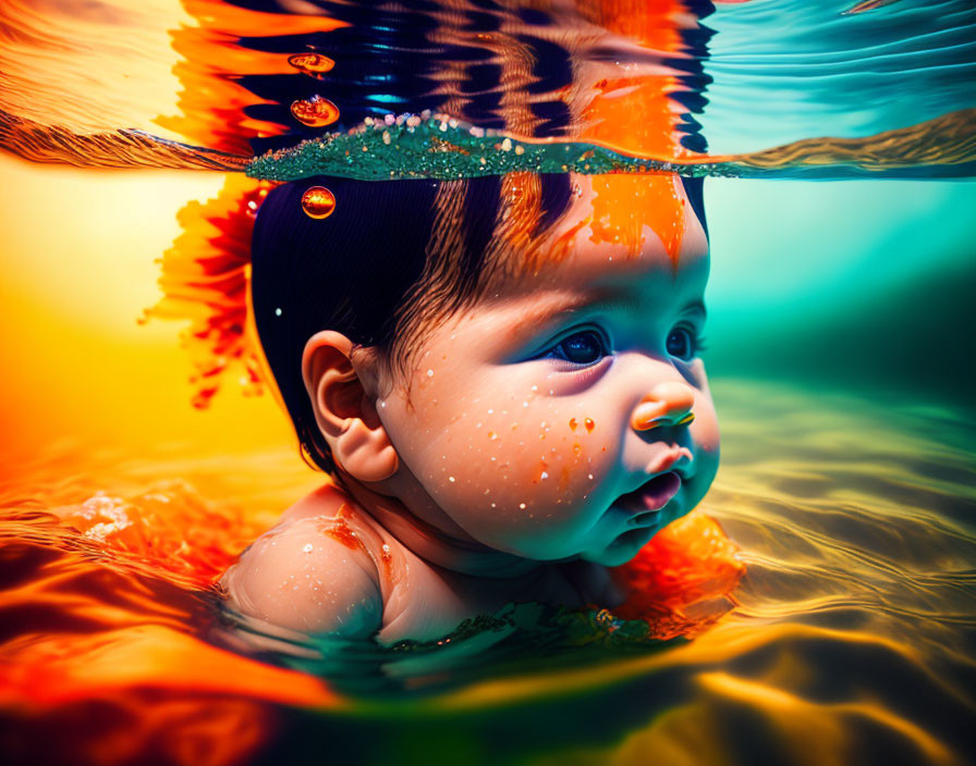 Infant Swimming in Colorful Water with Bubbles