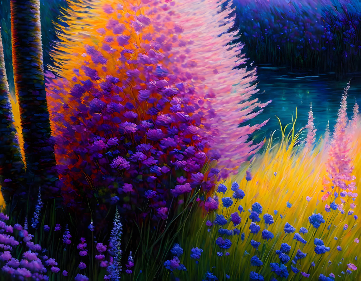 Colorful digital painting of whimsical garden with purple, pink, and golden flowers and serene blue pond