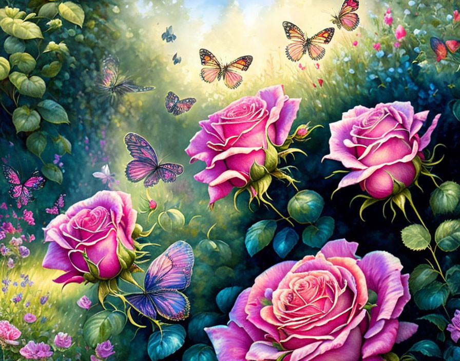 Colorful garden scene with pink roses and butterflies in soft light