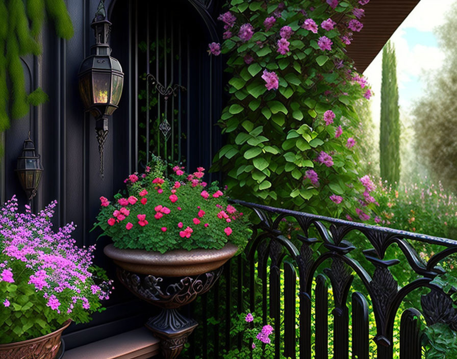 Balcony with Ivy, Flowers, Metal Railing & Lantern