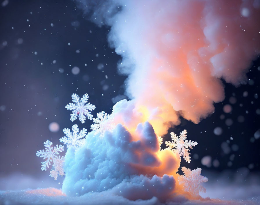 Snowflakes Close-Up in Pink Mist on Snowy Starry Sky