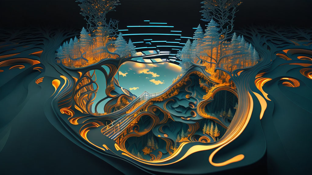 Surreal landscape with swirling terrain, trees, bridge, and layers combining nature and digital art