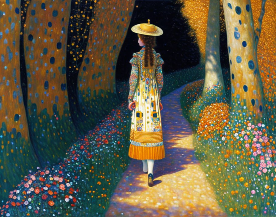 Woman in patterned dress walking on flower-lined forest path at night with golden light dots