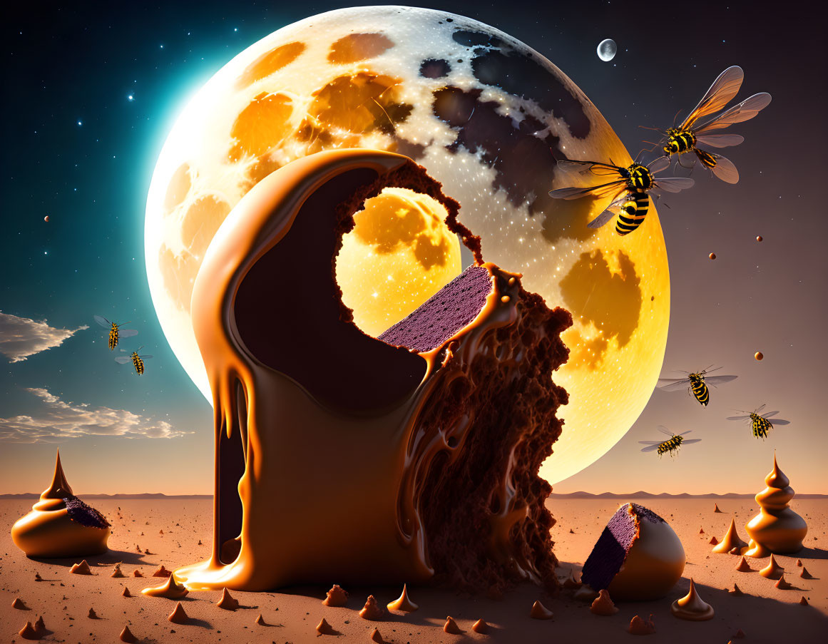 Surreal desert landscape with melting objects and oversized bees