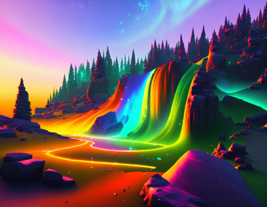 Fantasy landscape digital artwork with neon waterfalls and aurora sky