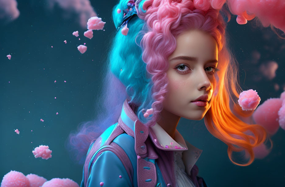 Surreal portrait of young woman with pastel hair in dreamy setting