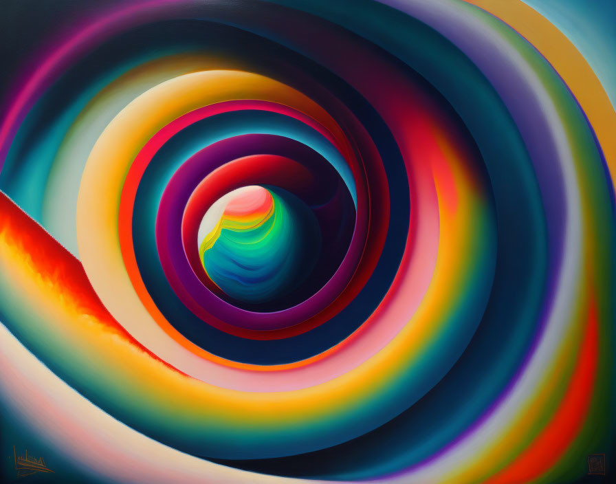 Colorful abstract painting with concentric circles in spiral formation.
