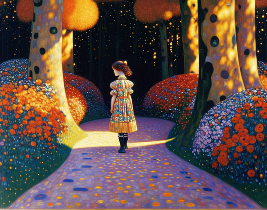 Woman in colorful dress walking among oversized trees and vibrant flowers at night