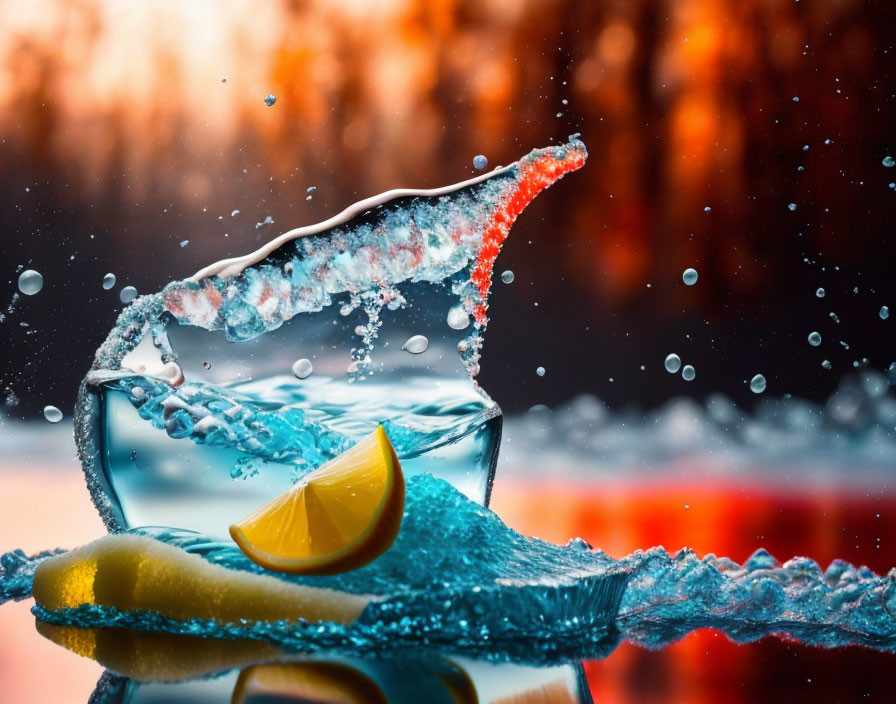 High-speed photography: Water splash with lemon slice on vibrant orange background