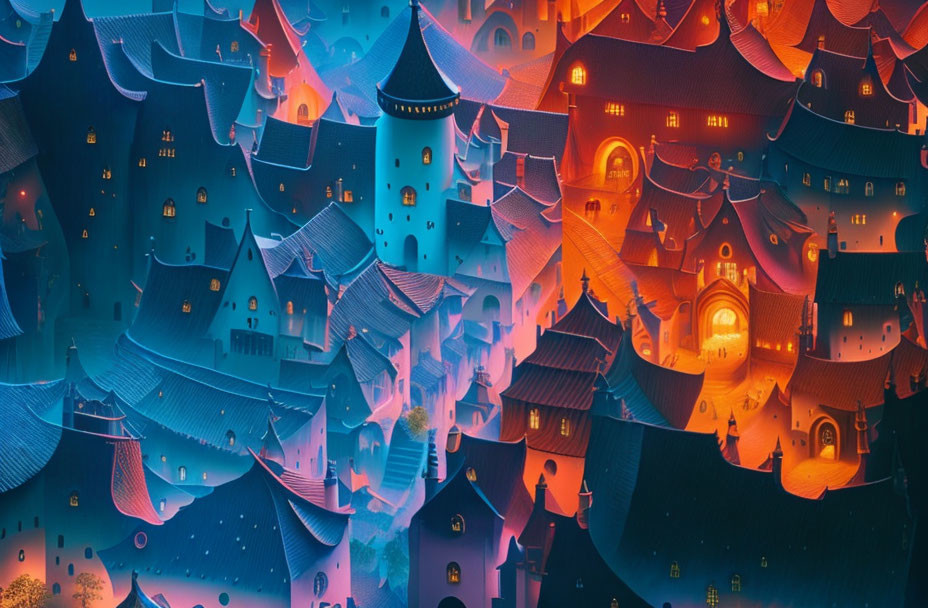 Colorful digital artwork: Stylized illuminated buildings in blue and orange.