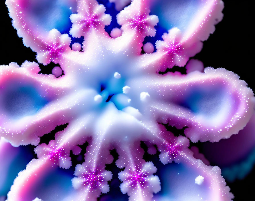 Fractal pattern resembling a flower in soft blue and pink hues with white sparkles.