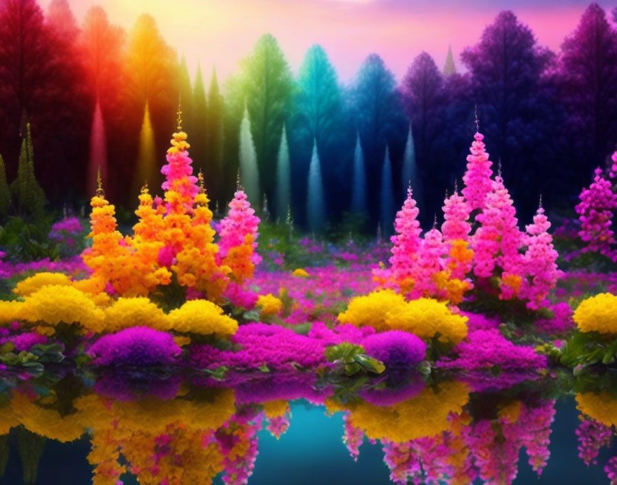 Colorful Flowers in Twilight Garden by Reflecting Water