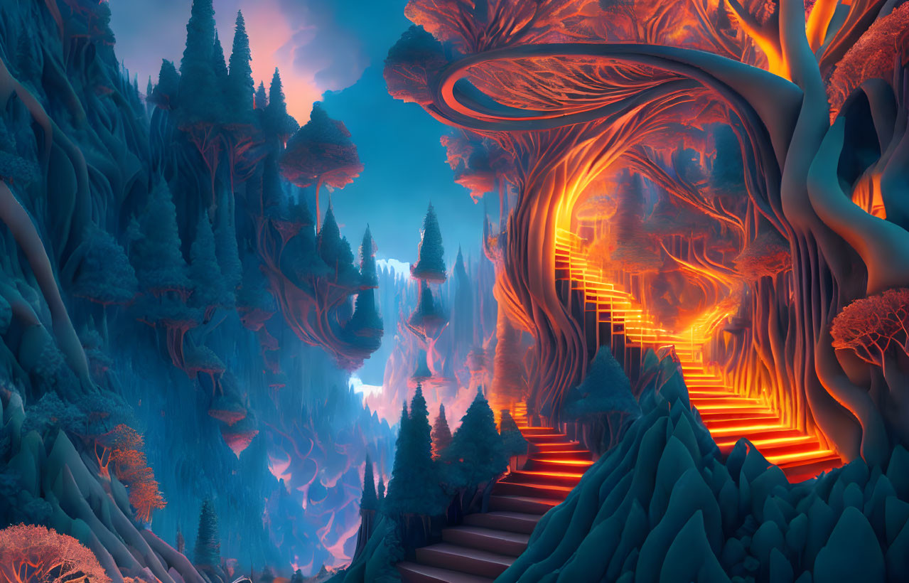 Fantasy landscape with neon blue and orange hues, twisted trees, luminous foliage, glowing staircase,