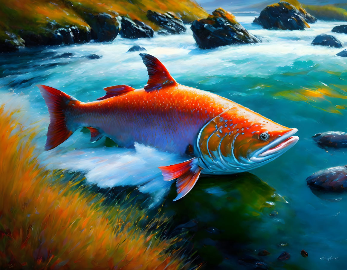 Colorful Red Fish Swimming in River Scene with Greenery and Rocks