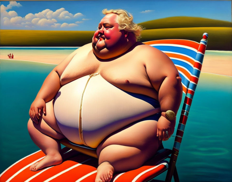 Hyper-realistic painting of plump person in white bikini by the sea