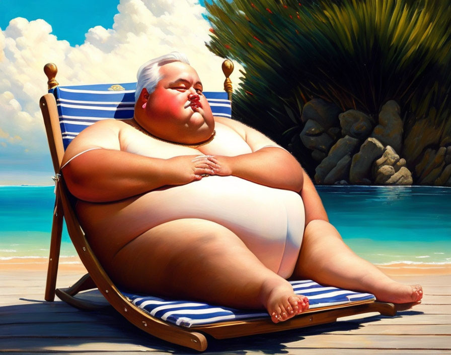 Plump character in white swimsuit lounging on beach chair by the sea