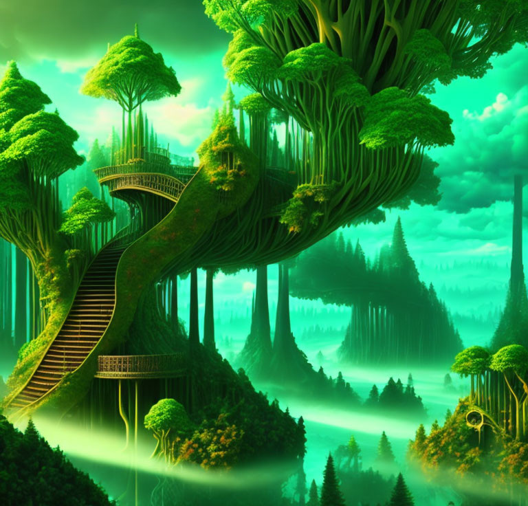 Majestic forest with oversized trees, lush greenery, winding staircases, and elaborate treehouses