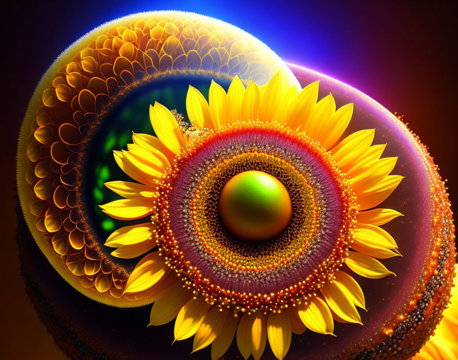 Colorful fractal art with sunflower patterns and glowing background