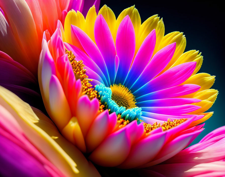 Colorful gerbera daisy close-up with pink to yellow petals and blue-gold center