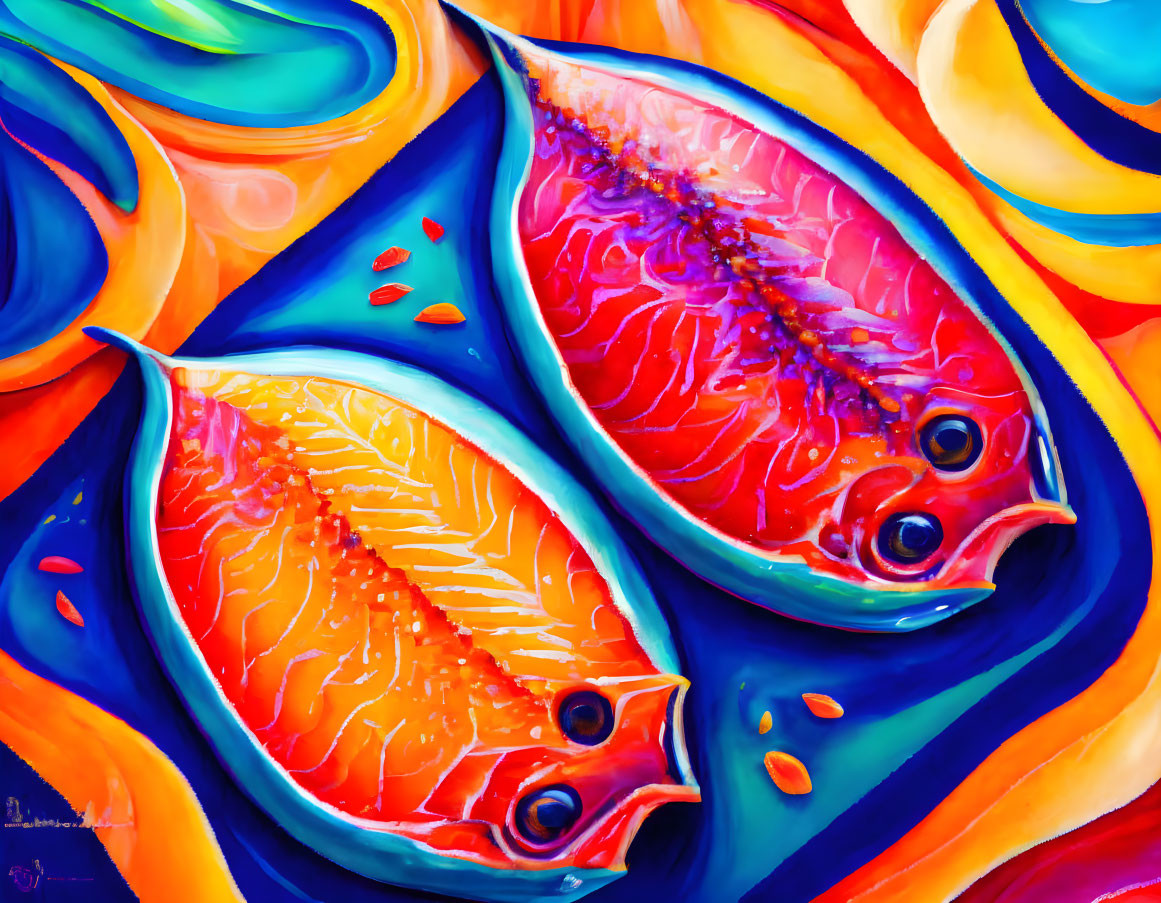 Colorful Painting: Two Fish in Vibrant Blues, Oranges, and Yellows