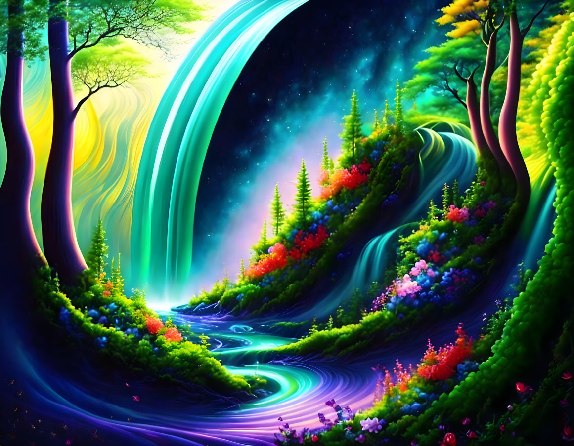 Majestic waterfall in vibrant surreal landscape