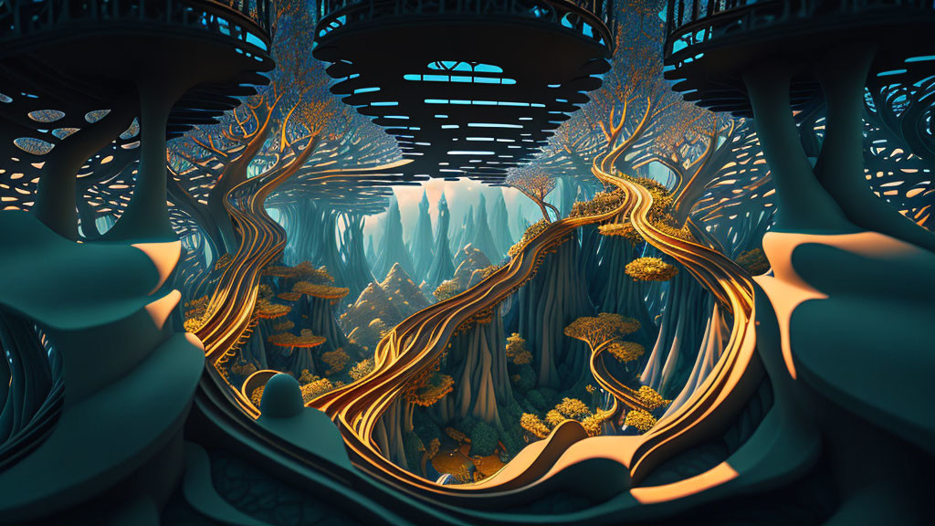 Circular futuristic architecture in fantastical forest with golden trees and rock formations