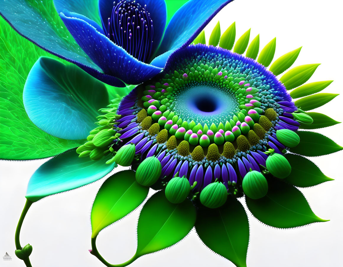 Colorful stylized flower artwork with blue and green eye center.