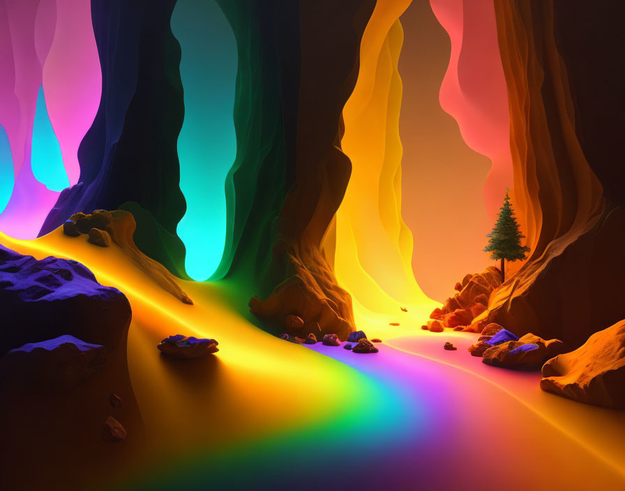 Colorful digital artwork of mystical canyon with rainbow lighting and lone tree