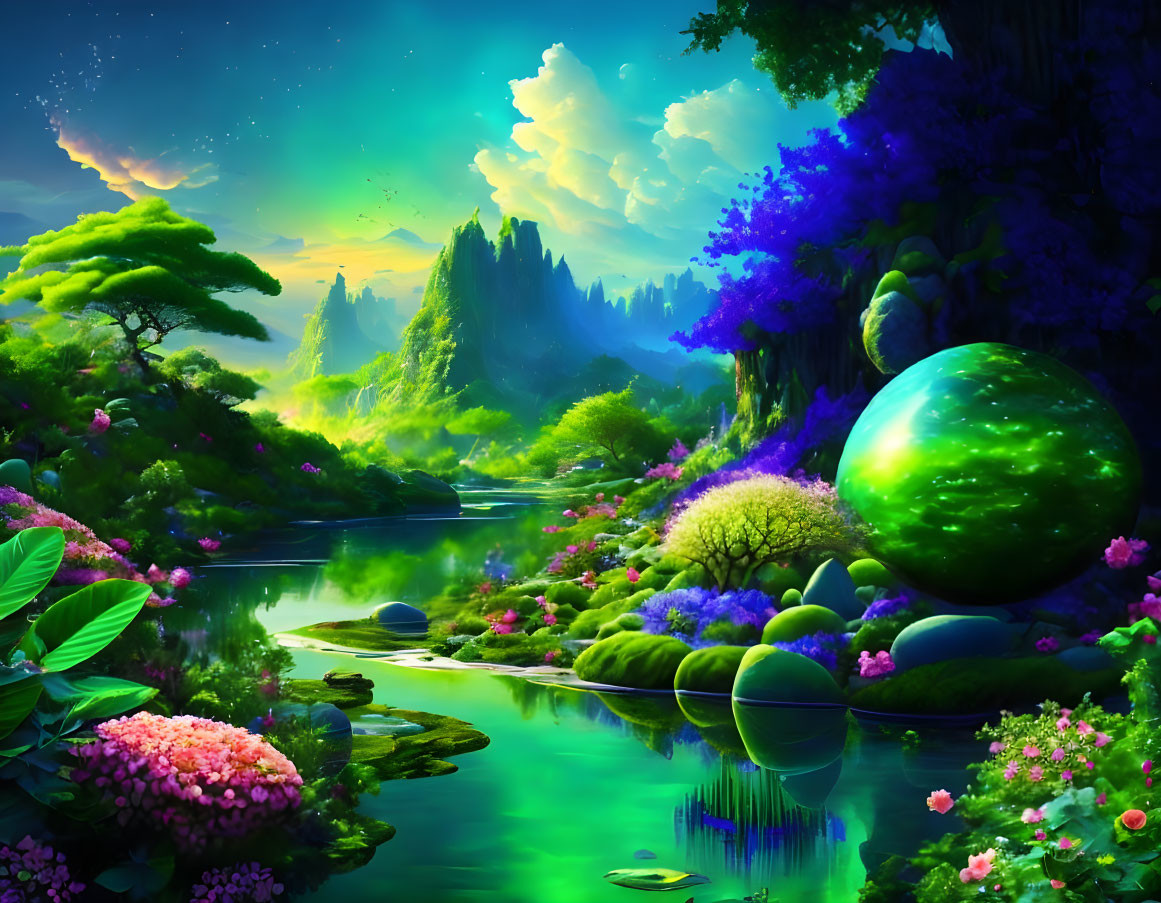 Fantasy landscape with lush greenery, colorful flowers, serene river, and glowing green orb