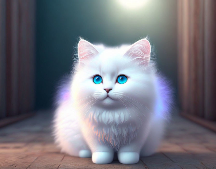White Cat with Blue Eyes in Soft Glow on Wood Floor