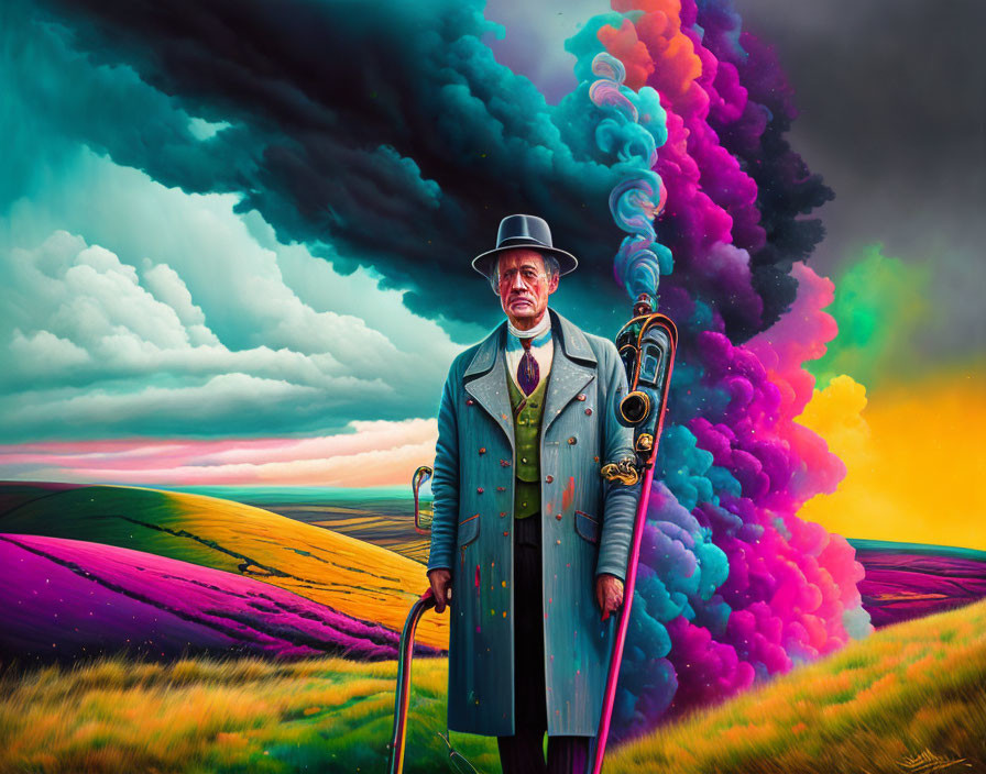 Surreal painting: man in vintage attire with colorful saxophone swirl