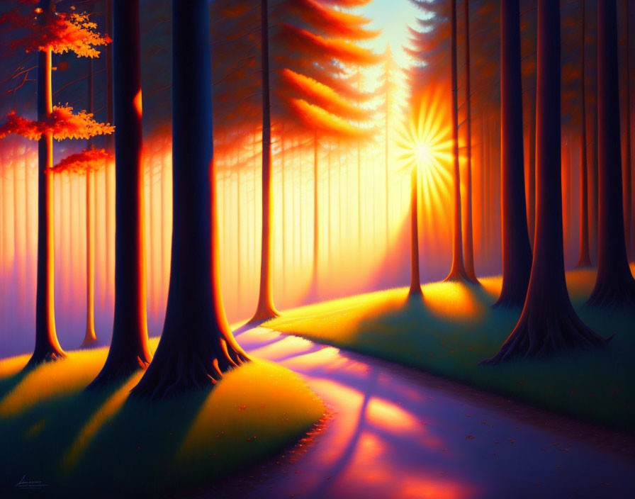 Sunlit Forest with Long Shadows and Ethereal Glow