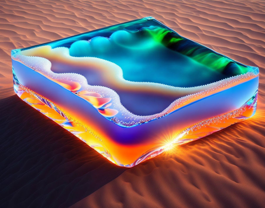 Colorful fractal-like structure in clear prism on sandy surface