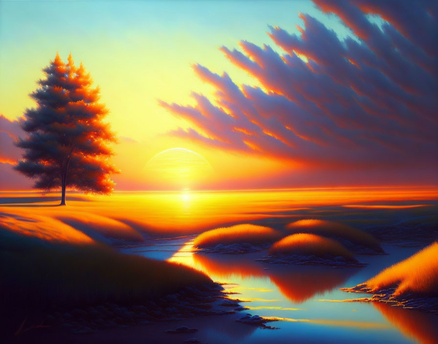 Tranquil sunset landscape with vibrant sky and solitary tree